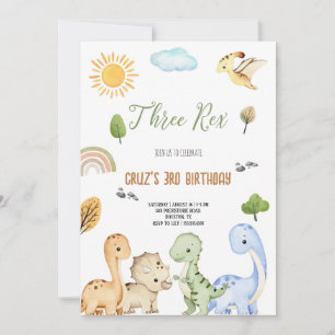 Convite Dinosaur Marrom E Verde Três Rex Aniversário De 3