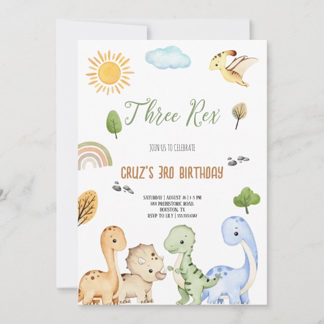 Convite Dinosaur Marrom E Verde Três Rex Aniversário De 3  (Frente)
