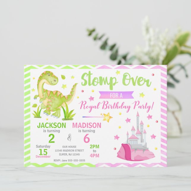 Convite Dinosaur & Princess Joint Birthday Invitation (Em pé/Frente)