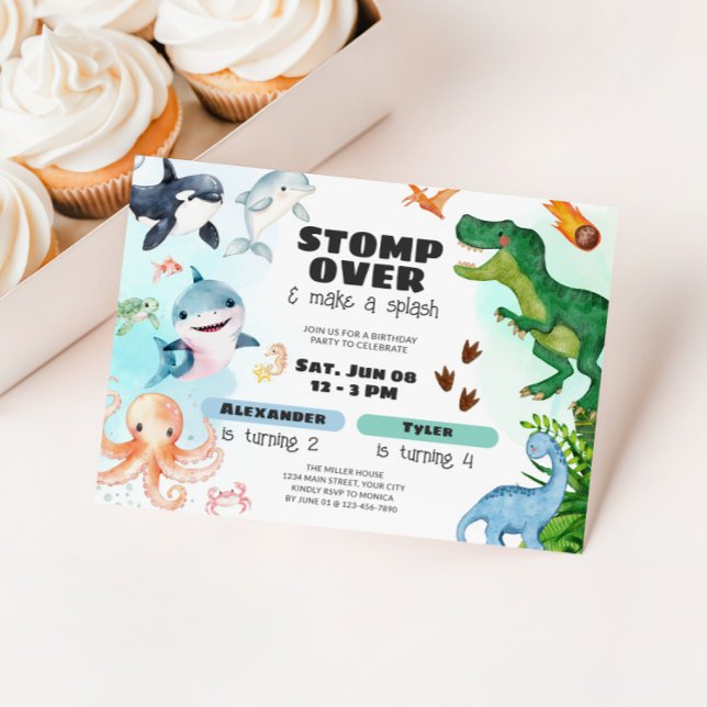 Convite Dinosaur & Shark Under the Sea Sibling Birthday (Sharks & Dinosaur Birthday Party Invite)
