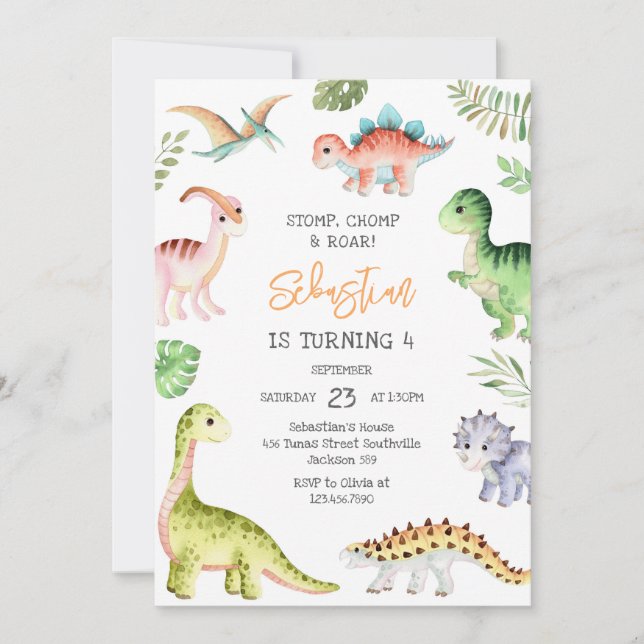 Convite Dinosaur Stomp Chomp Roar Birthday Party (Frente)