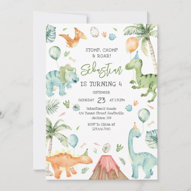 Convite Dinosaur Stomp Chomp Roar Birthday Party (Frente)