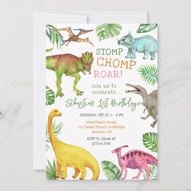 Convite Dinosaur Stomp Chomp Roar Birthday Party  (Frente)