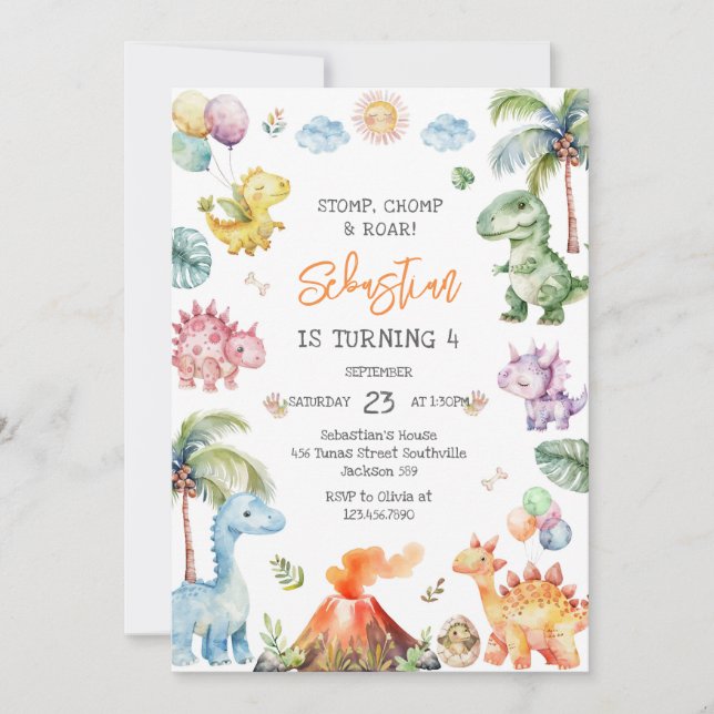 Convite Dinosaur Stomp Chomp Roar Birthday Party (Frente)