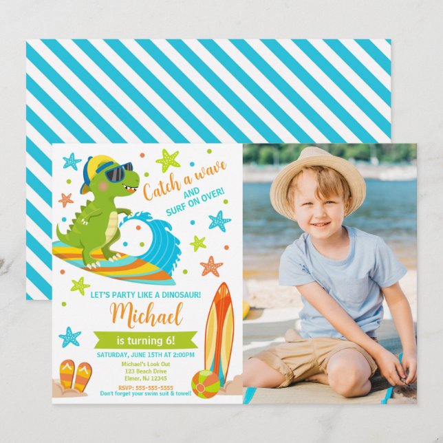 Convite Dinosaur T-Rex Summer Beach Party Boy Birthday (Frente/Verso)