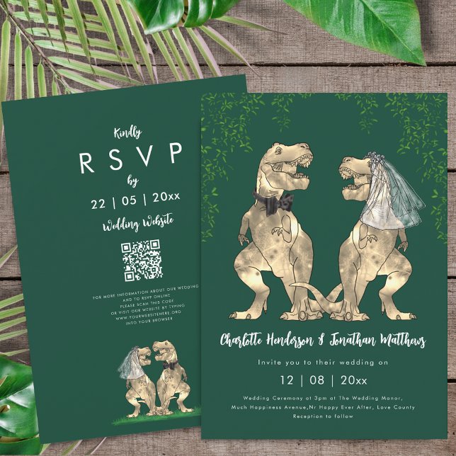 Convite Dinosaur theme Green Wedding QR Code  (T-Rex bride and groom dinosaur wedding green rsvp qr code invitation watercolor Eucalyptus foliage )