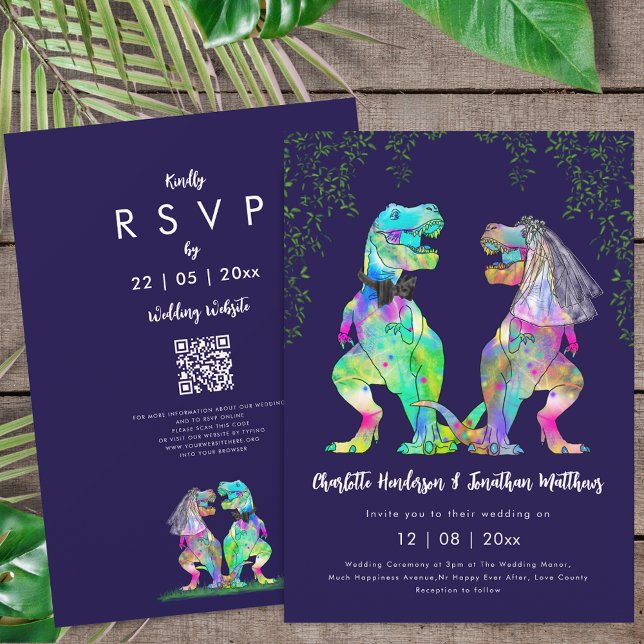 Convite Dinosaur theme Navy Blue Pink Wedding QR Code  (Colorful T-Rex bride and groom dinosaur wedding navy blue & white rsvp qr code invitation )