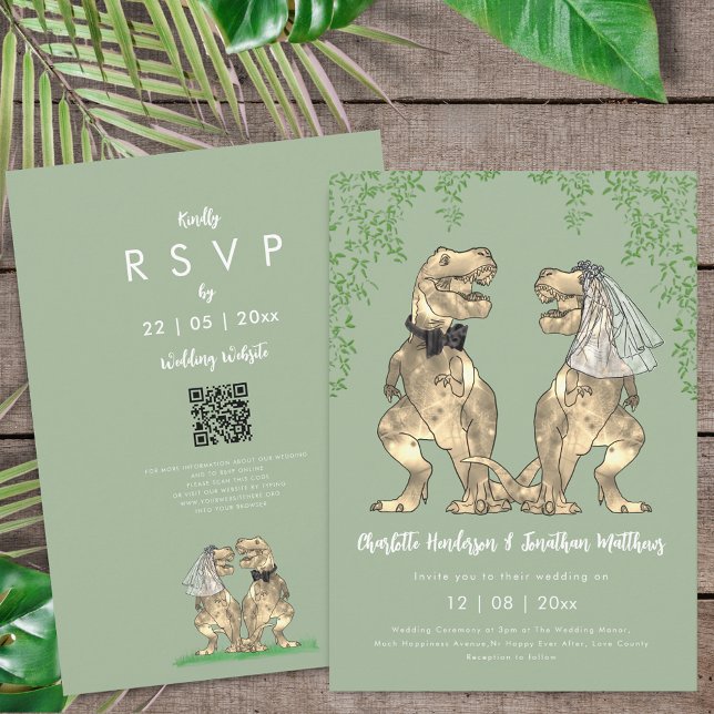 Convite Dinosaur theme Sage Green Wedding QR Code  (T-Rex bride and groom dinosaur sage green wedding qr code invitation )