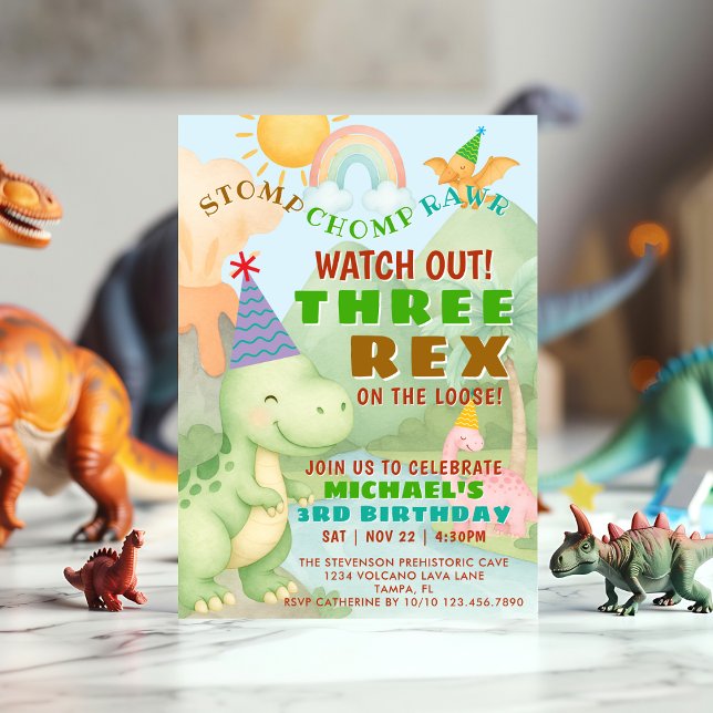 Convite Dinosaur Themed Three Rex Birthday Party Boy (Criador carregado)