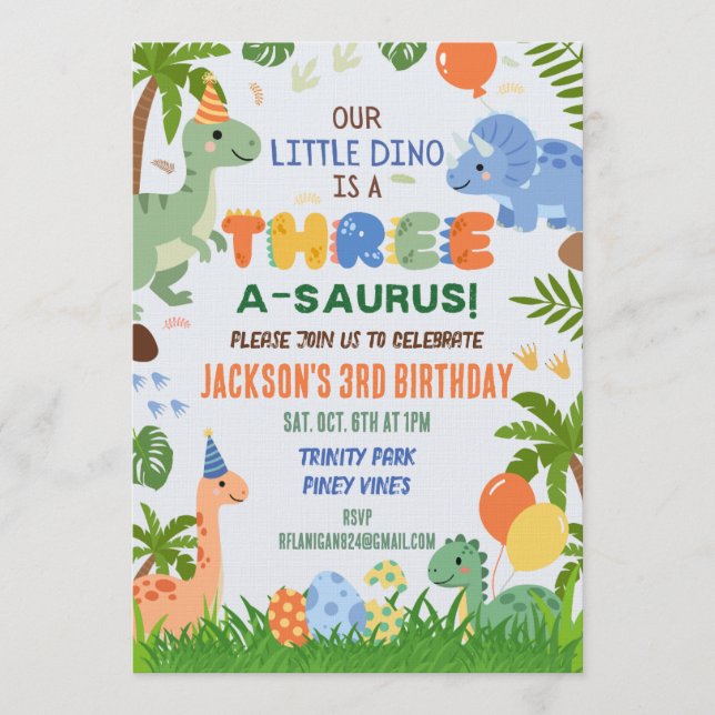 Convite Dinosaur Three Third Birthday Party Invitation (Frente)