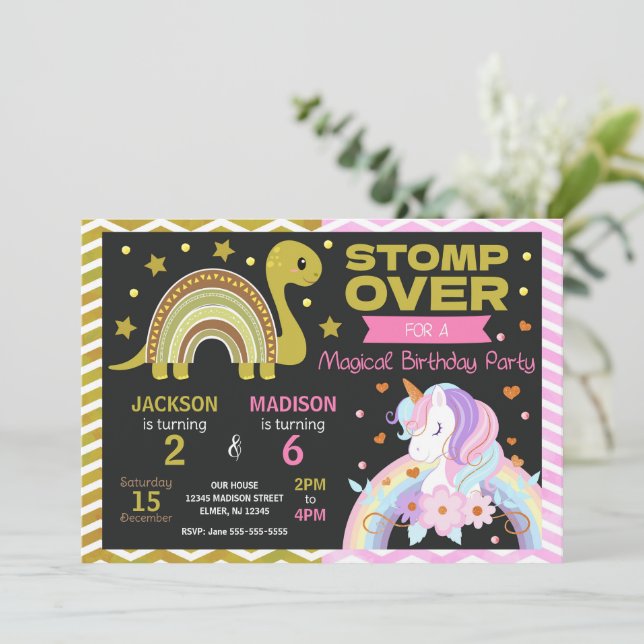 Convite Dinosaur & Unicorn Joint Birthday Invitation (Em pé/Frente)