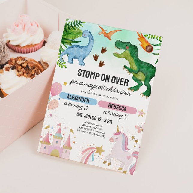 Convite Dinosaur & Unicorn Joint Kids Birthday (Joint Kids Birthday Invitation - Dinosaur & Unicorns)