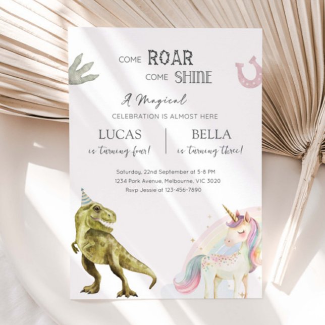Convite Dinosaur & Unicorn Siblings Joint Birthday Party (Criador carregado)