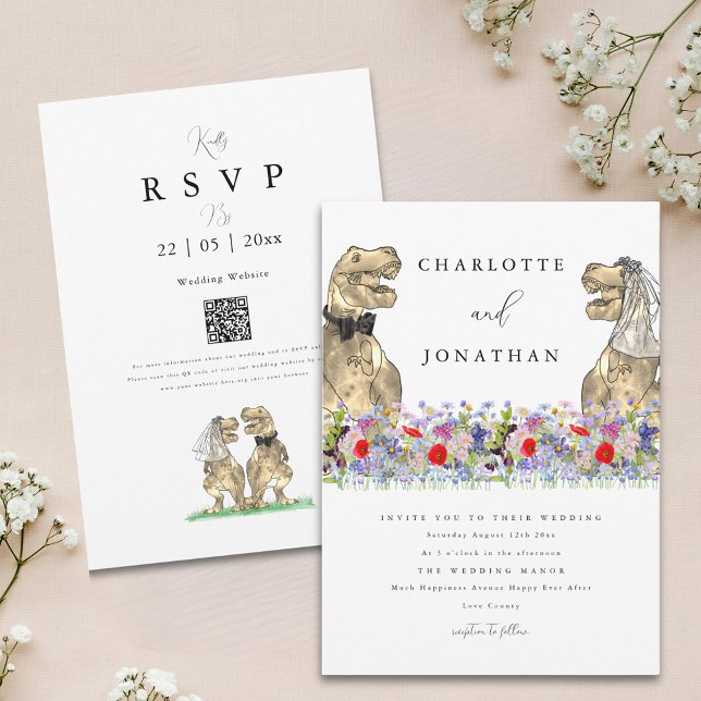 Convite Dinosaur Wedding Boho Wildflower Código QR (Boho wildflower dinosaur wedding invitation with watercolor summer florals and qr code)