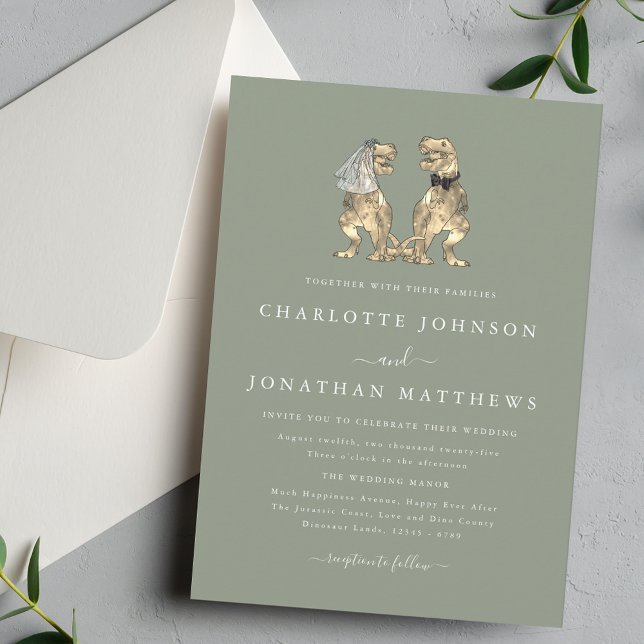 Convite Dinosaur Wedding Elegant Sage Green (Simple Dinosaur T-Rex Bride and groom elegant simple sage greenery invitation wedding invitation )