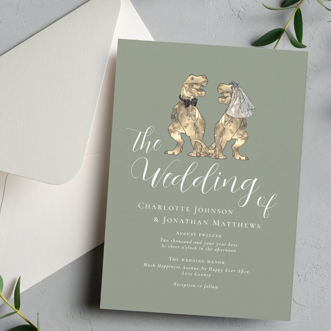 Convite Dinosaur Wedding Elegant Sage Green (Dinosaur theme sage green wedding  invitation T-Rex dino bride and groom elegant script )