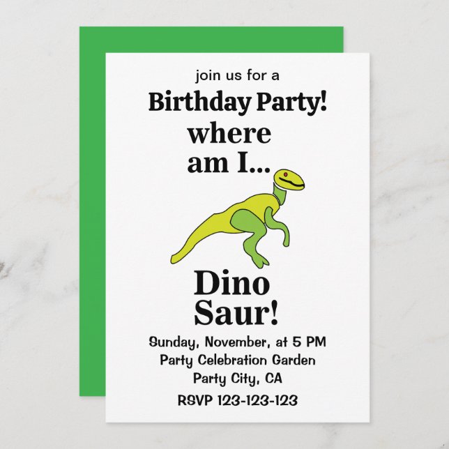 Convite Dinosaur Where Am I Funny Birthday Party (Frente/Verso)