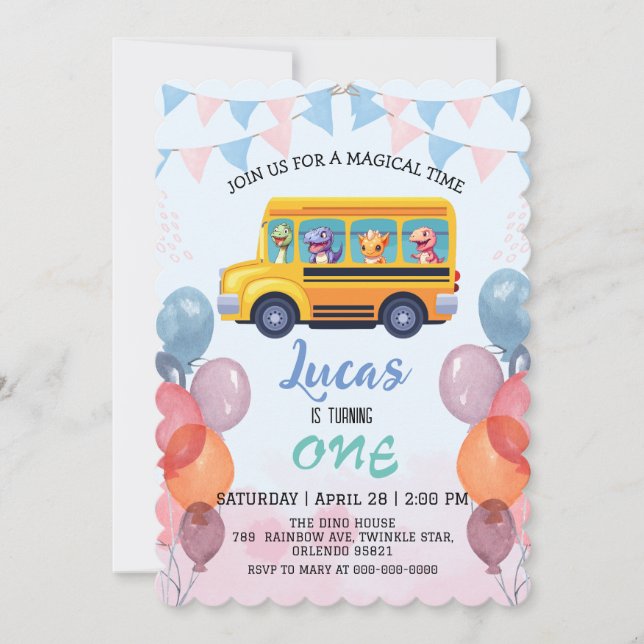 Convite Dinosauro engraçado De Volta à Escola Ônibus menin (Frente)