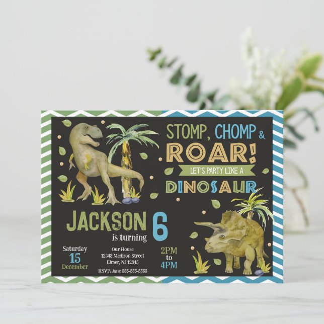 Convite Dinosaurs Birthday Invitation | T-rex | Triceratop (Em pé/Frente)