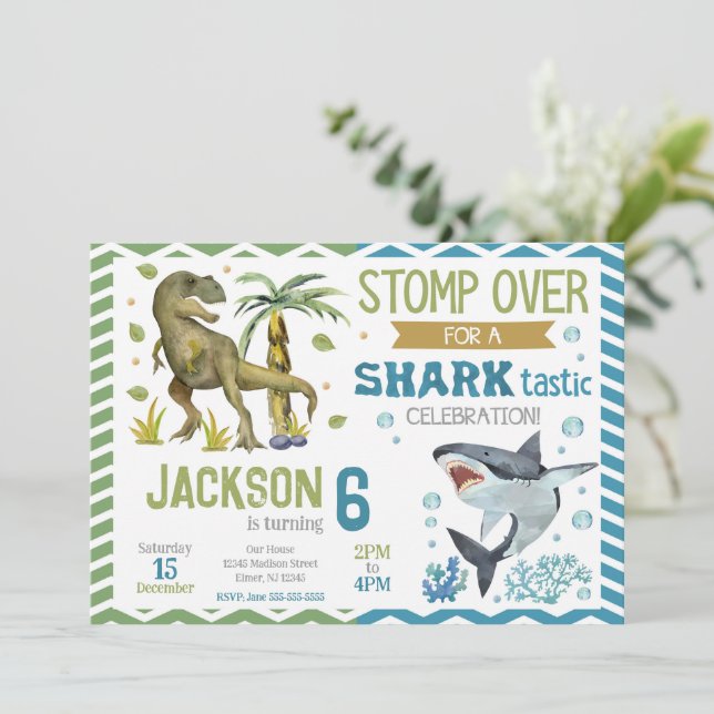 Convite Dinosaurs & Sharks Birthday Invitation (Em pé/Frente)