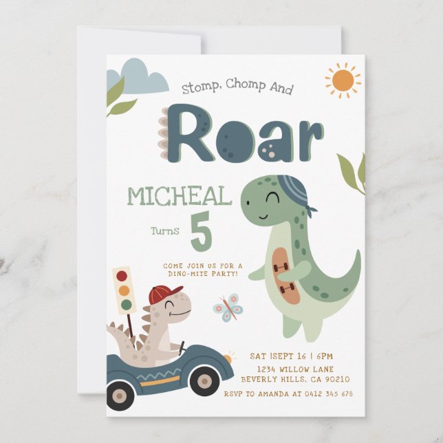 Convite Dinosaurs Stomp Chomp Roar Boy Birthday Invitation (Frente)