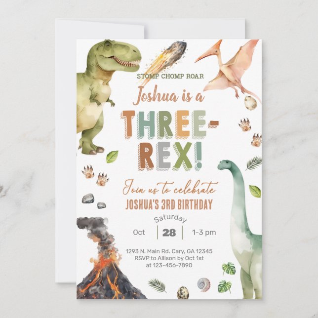 Convite Dinosaurs Three-Rex boy 3rd birthday invite. (Frente)