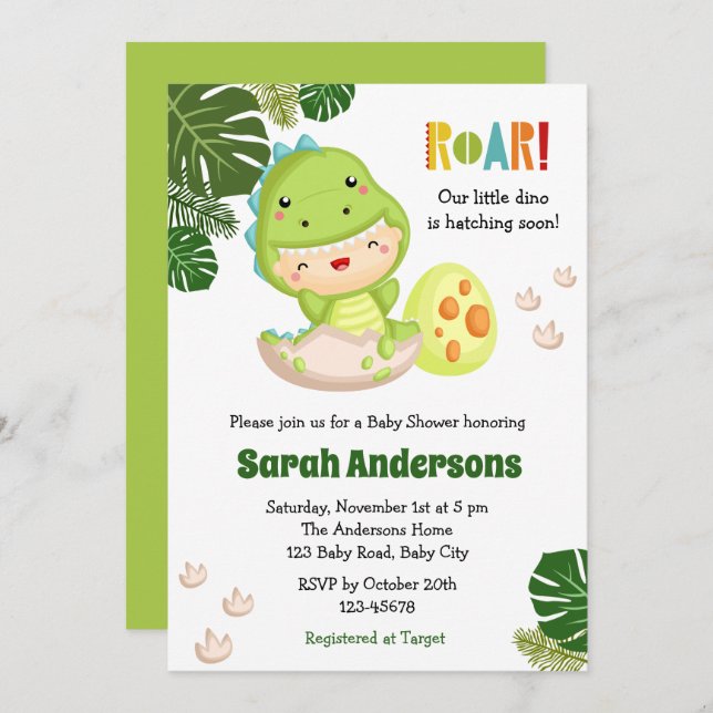 Convite Dinossaur Baby Shower Invasões ROAR Cute Dino (Frente/Verso)