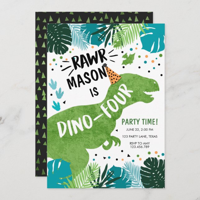 Convite Dinossaur Dino-Four RAWR 4º Aniversário Invita (Frente/Verso)