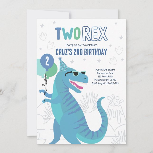 Convite Dinossaur, Dois Rex - segundo aniversário T-Rex (Frente)