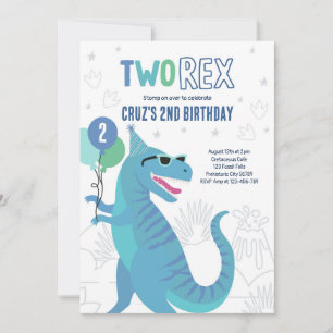 Convite Dinossaur, Dois Rex - segundo aniversário T-Rex
