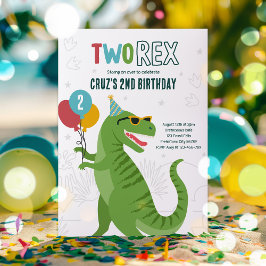 Convite Dinossaur, Dois Rex - segundo aniversário T-Rex