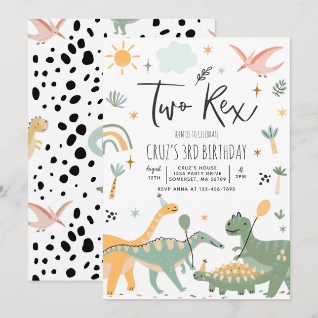Convite Dinossaur, Dois segundos aniversários Rex (Frente/Verso)