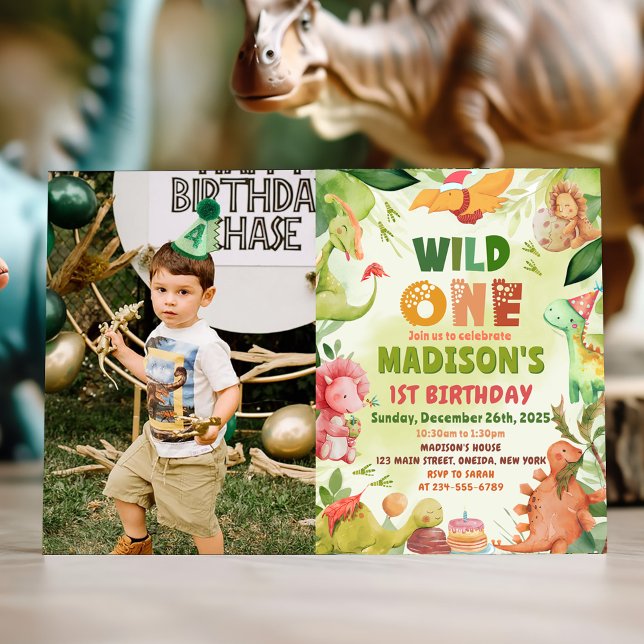 Convite Dinossaur Greenery Wild Um primeiro aniversario Fo (Criador carregado)