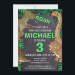 Convite Dinossaur Jurassic Dino Kids aniversário de 3 anos<br><div class="desc">Este convite de aniversário de dinossauros é excelente para o aniversariante ou menina na sua vida. Deem-lhes um dia de dino-ácaro com este design dino com o tema de um trex, triceratops, brontosauro e raptor.</div>