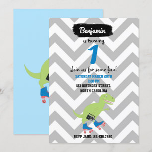 Convite Dinossaur Roller Sking Segurando Rádio Aniversár