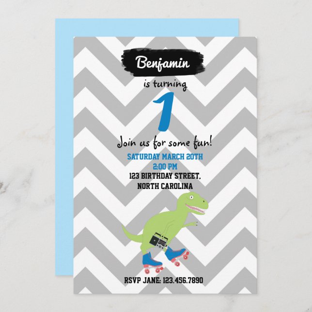 Convite Dinossaur Roller Sking Segurando Rádio Aniversário (Frente/Verso)