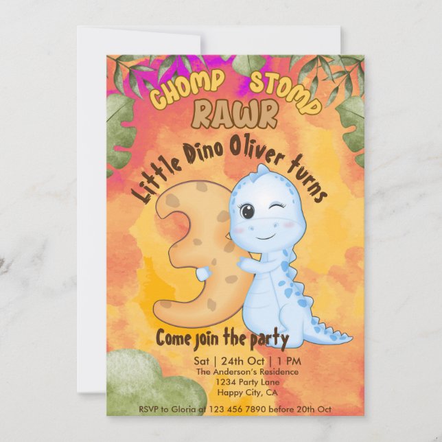 Convite Dinossaur Stomp Chomp Rawr aniversário de 3 anos (Frente)