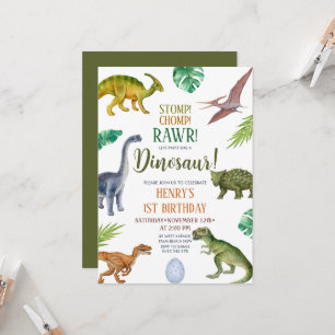 Convite Dinossaur Stomp Chomp Rawr primeiro aniversario Bo