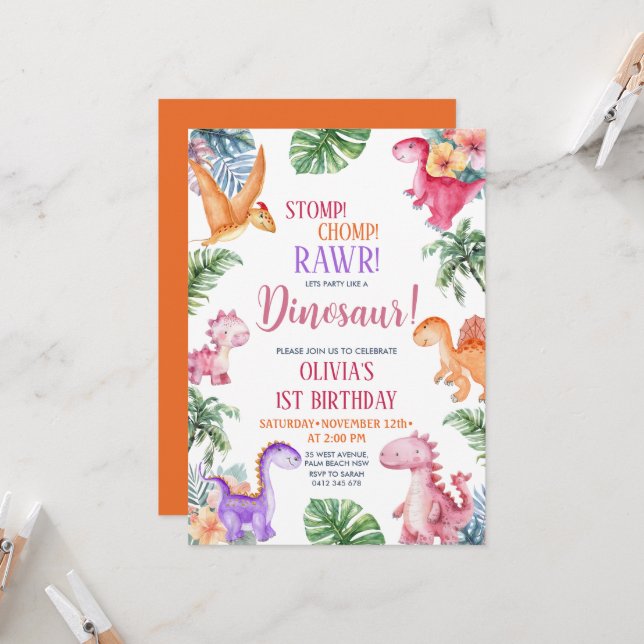 Convite Dinossaur Stomp Chomp Rawr primeiro aniversario GI (Frente/Verso In Situ)
