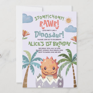 Convite Dinossaur Stomp Chomp Rawr primeiro aniversario Pa
