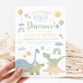 Convite Dinossaur Stomp Chomp Rawr primeiro aniversario Pa