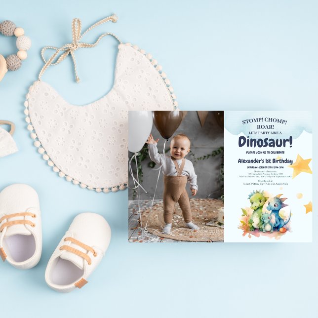 Convite Dinossaur Stomp Chomp Rawr primeiro aniversario Pa (Criador carregado)