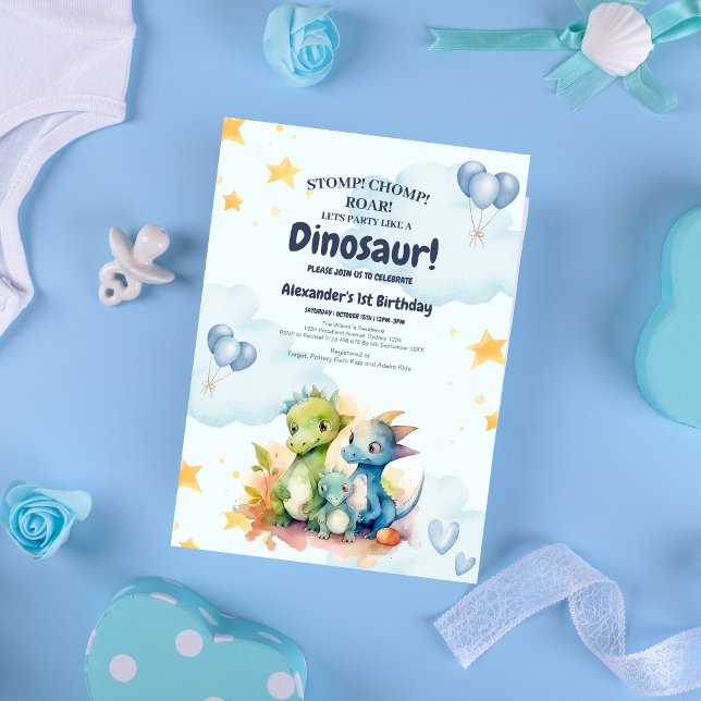 Convite Dinossaur Stomp Chomp Rawr primeiro aniversario Pa (Criador carregado)