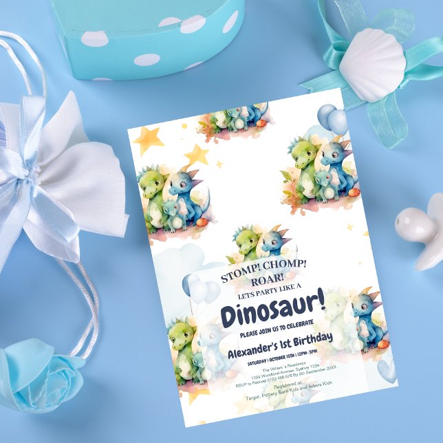 Convite Dinossaur Stomp Chomp Rawr primeiro aniversario Pa (Criador carregado)