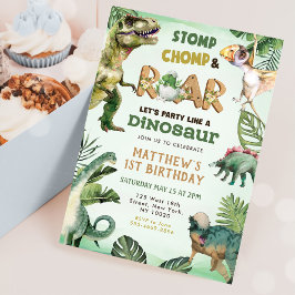 Convite Dinossaur Stomp Chomp Roar Party primeiro aniversa