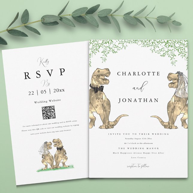 Convite Dinossaur Themed Greenery Weding (Boho botanical dinosaur wedding invitation with qr code)