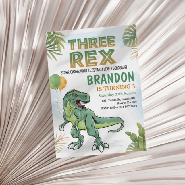 Convite Dinossaur Três Festa Rex aniversário de 3 anos (Criador carregado)