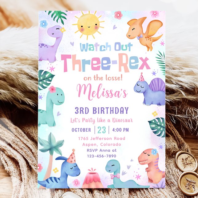 Convite Dinossaur Três Festa Rex aniversário de 3 anos (Criador carregado)