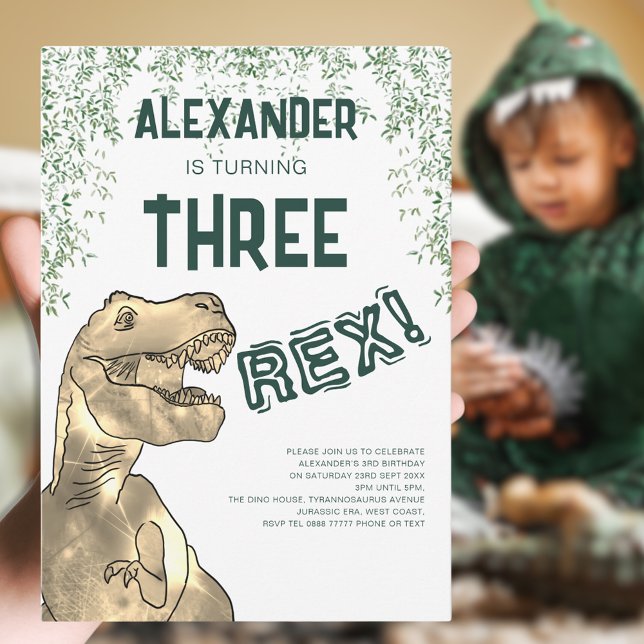 Convite Dinossaur Três Festa Rex aniversário de 3 anos (Three rex dinosaur 3rd birthday party personalized invitation with T-rex dino and Jurassic jungle )