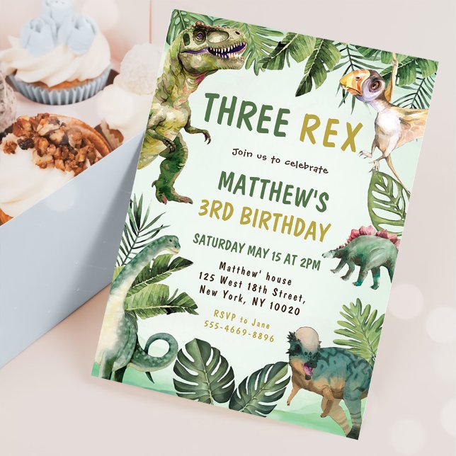 Convite Dinossaur Três Festa Rex aniversário de 3 anos (Criador carregado)